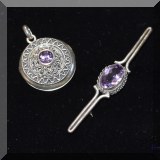 J03. Steling silver and amethyst locket and brooch. 